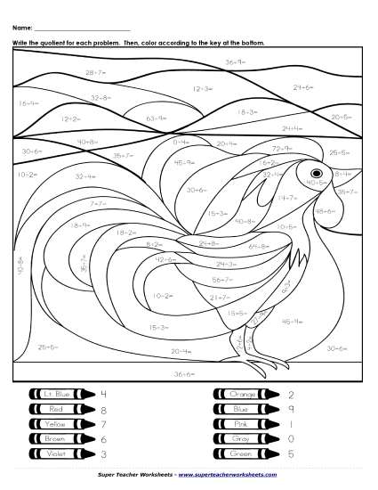 Division Mystery Picture: Rooster Worksheet