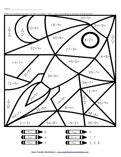 Division Mystery Picture: Rocket Ship Worksheet