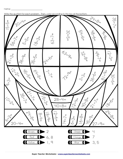 Division Mystery Picture: Hot Air Balloon Worksheet