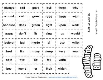 Dolch Bingo - Level 2 Worksheet