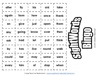 Dolch Bingo: Level 1 Worksheet