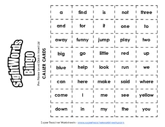 Dolch Bingo - Pre-Primer Free Worksheet