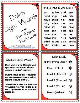 Dolch Flashcards - Pre-Primer Free Worksheet