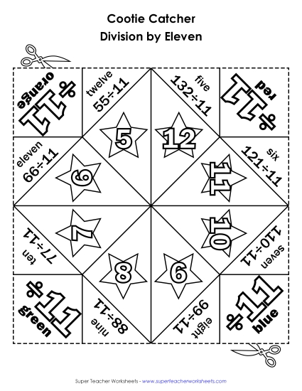 Cootie Catcher Divide by ELEVEN Division Worksheet