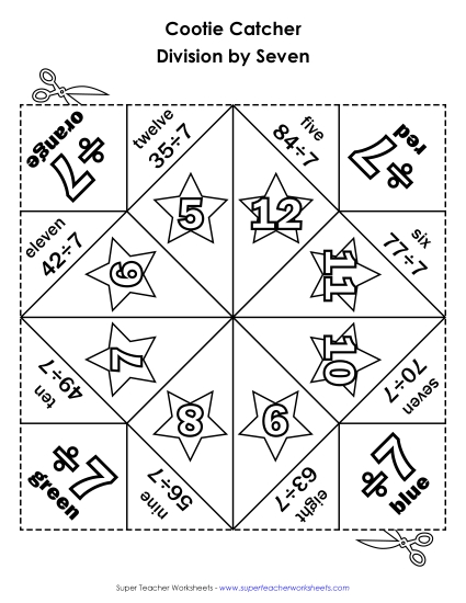 Cootie Catcher Divide by SEVEN Division Worksheet