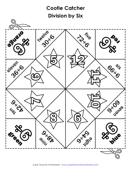 Cootie Catcher Divide by SIX Division Worksheet