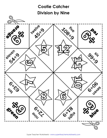 Cootie Catcher Divide by NINE Division Worksheet