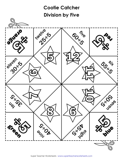 Cootie Catcher Divide by FIVE Division Worksheet