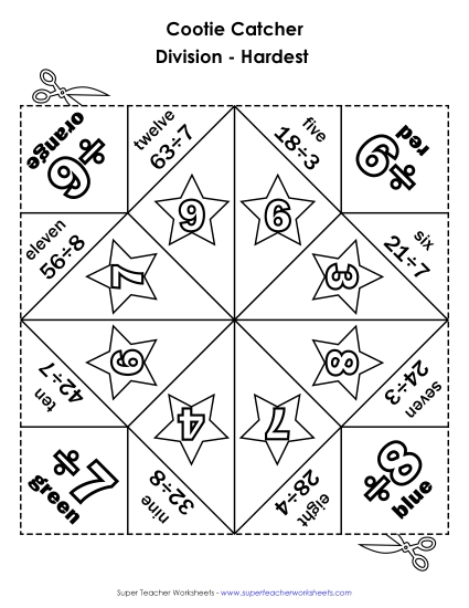 Cootie Catcher Division: Hardest Facts 0-9 Worksheet