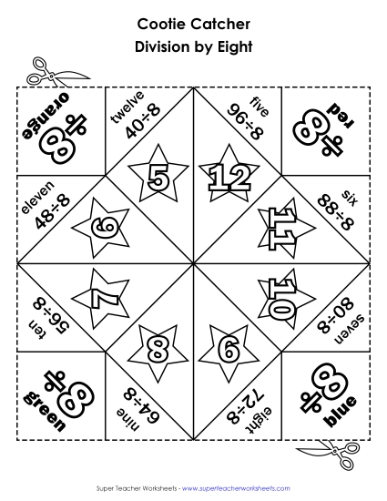 Cootie Catcher Divide by EIGHT Division Worksheet