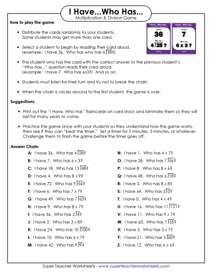 I Have / Who Has Game Division Worksheet