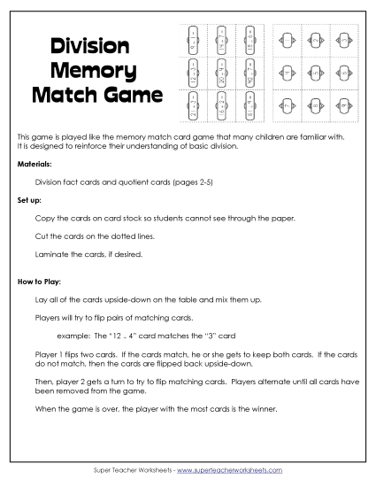 Division Memory Match Free Worksheet