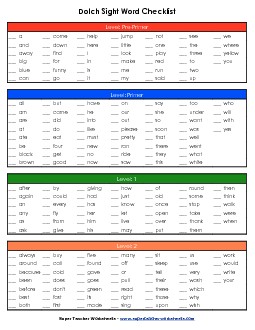 Dolch Sight Words - Checklist Worksheet