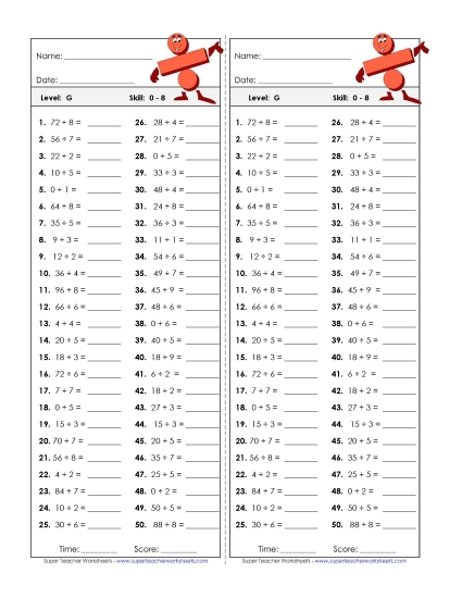 Division Timed Quiz 0 - 8 Worksheet