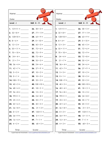 Division Timed Quiz 0 - 11 Worksheet