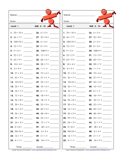 Division Timed Quiz 0 - 10 Worksheet