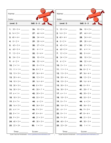 Division Timed Quiz 0 - 5 Worksheet