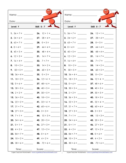 Division Timed Quiz 0 - 7 Worksheet