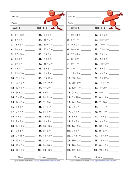 Division Timed Quiz 0 - 3 Worksheet