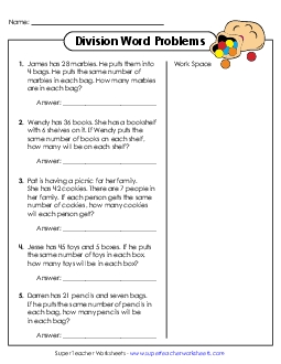 Division Word Problems (Basic Facts) Worksheet