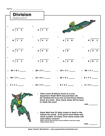 Division Facts: Divisors Up to 9 Worksheet