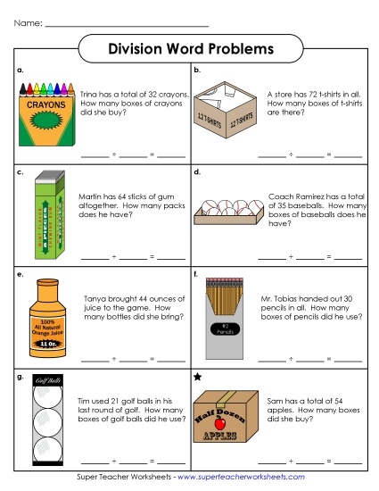 Division Picture Word Problems Worksheet