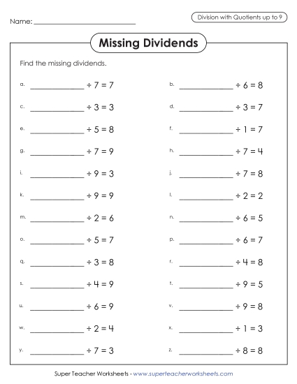 Basic Division : Missing Dividends Worksheet