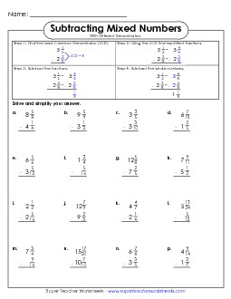 Subtracting Mixed Numbers 2 (Unlike Denominators) Fractions Worksheet