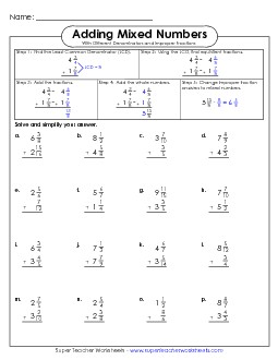 Adding Mixed Numbers 4  (Unlike Denominators & Improper Fractions) Worksheet