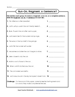 Fragment, Run-On, or Sentence? Fragments Runons Worksheet