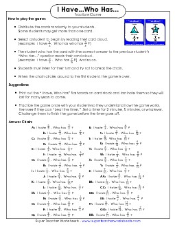 Fraction Game: I have.. Who has... Fractions Worksheet