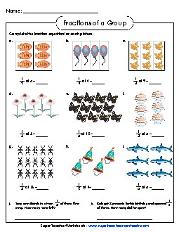 Fraction of a Group: Illustrations Fractions Worksheet