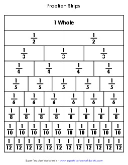 Fraction Strips (Black and White) Free Fractions Worksheet