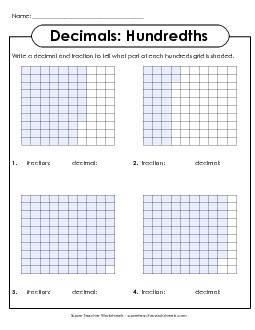 Decimals Hundredths (100 Boxes) Worksheet