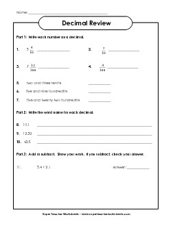 Decimal Review Decimals Worksheet