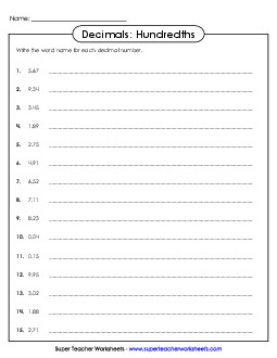 Decimal Names - Hundredths 2 Decimals Worksheet