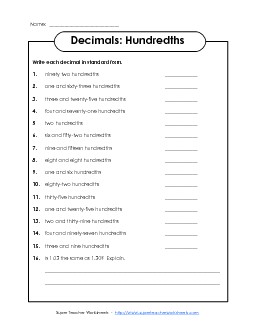 Decimal Names - Hundredths Decimals Worksheet