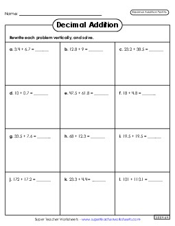 Add Decimals: Tenths Free Worksheet