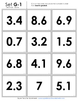 Ordering: Card Sort Game - Tenths Free Place Value Worksheet