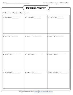 Add: Hundredths Free Decimals Worksheet