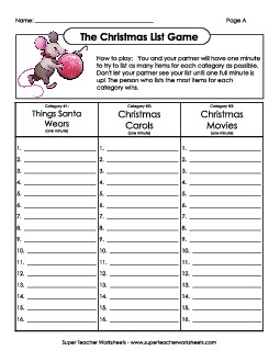 Christmas List Game Worksheet