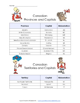 Chart - Province Territory Capitals Canada Worksheet