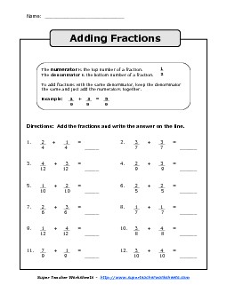 Adding Fractions (Horizontal) Worksheet