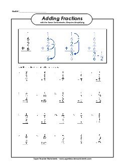 Adding Fractions; Like Denominators (Vertical) Worksheet