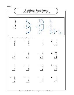 Adding Fractions (w/ Answers > 1) Worksheet