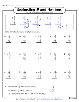 Subtracting Mixed Numbers Fractions Worksheet