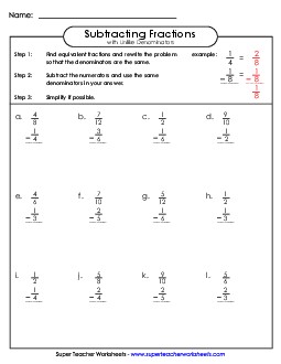 Subtracting Fraction w/ Unlike Denominators 2 (Vertical) Fractions Worksheet