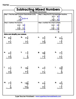 Subtracting Mixed Numbers w/ Different Denominators (Vertical) Fractions Worksheet