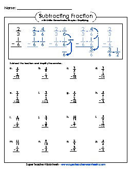 Subtracting Fractions w/ Unlike Denominators (Vertical) Worksheet