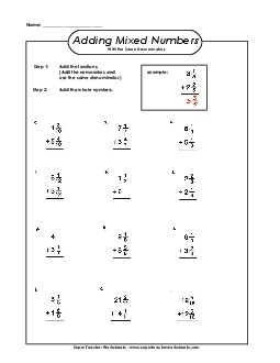 Adding Mixed Numbers with Like Denominators 2 (Vertical) Fractions Worksheet